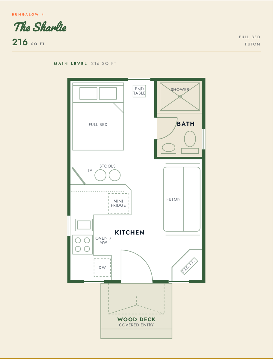 The Sharlie floor plan — 216 sq ft studio