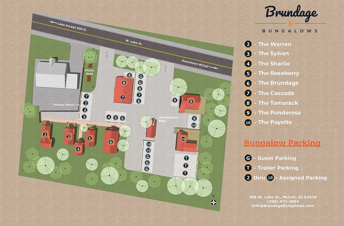 Brundage Bungalows site map showing all nine cabins, parking, and grounds